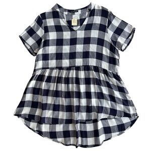 Staccato Women M Navy White Check Gingham Short Sleeve High-low Peplum Tunic Top